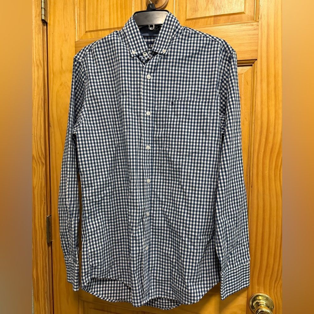 Izod Navy and White Checkered Button Down Shirt size S